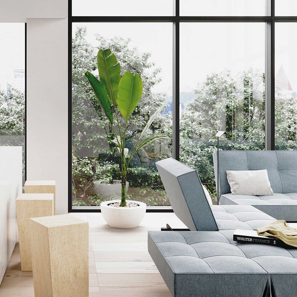 interior of condo with large floor to ceiling windows