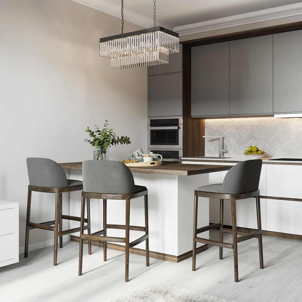 kitchen with custom island and beautiful chandelier