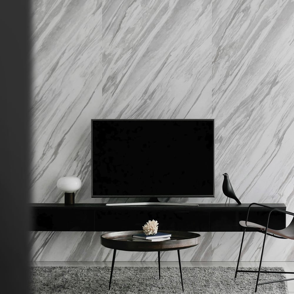 modern entertainment room marble accent wall