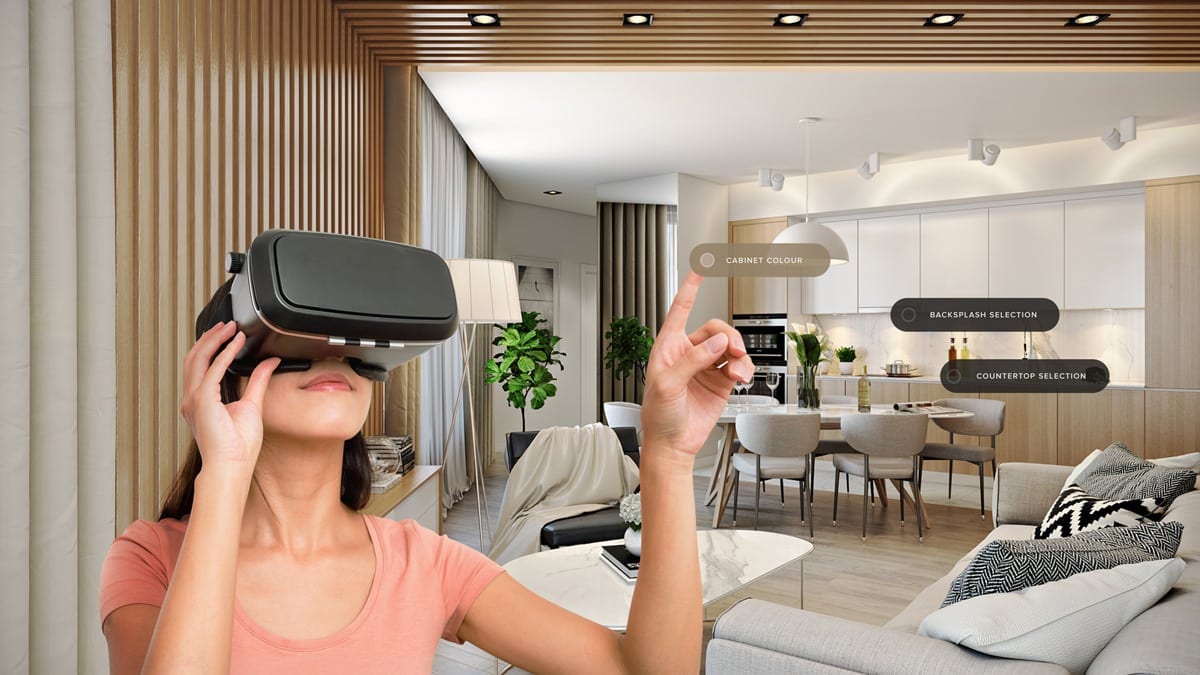 woman using vr choosing finish selections for her kitchen